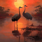 Paint by Numbers - Two cranes in a calm body of water under a stunning red sunset, reflecting warm hues in the peaceful nature scene.