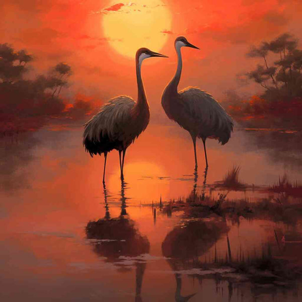 Paint by Numbers - Two cranes in a calm body of water under a stunning red sunset, reflecting warm hues in the peaceful nature scene.