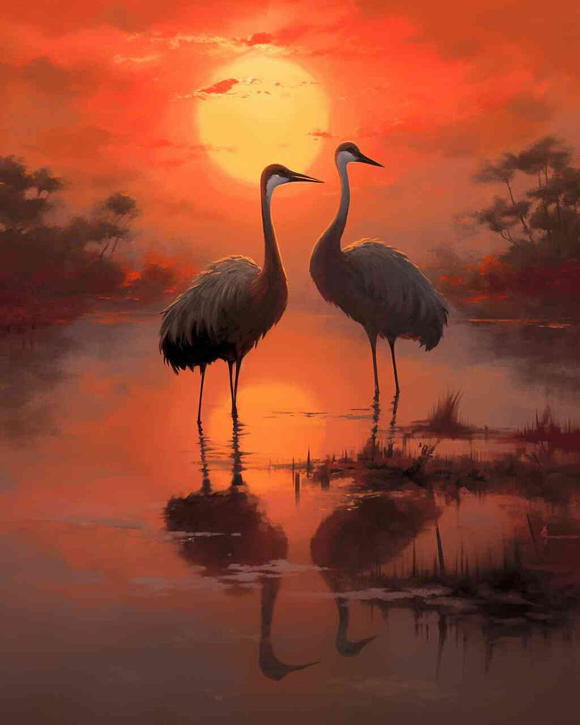 Paint by Numbers - Two cranes in a calm body of water under a stunning red sunset, reflecting warm hues in the peaceful nature scene.