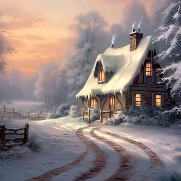 Paint by Numbers - Winter Secret: Cozy, snow-covered country house with warm lights and a white blanket of snow in the cool dusk.