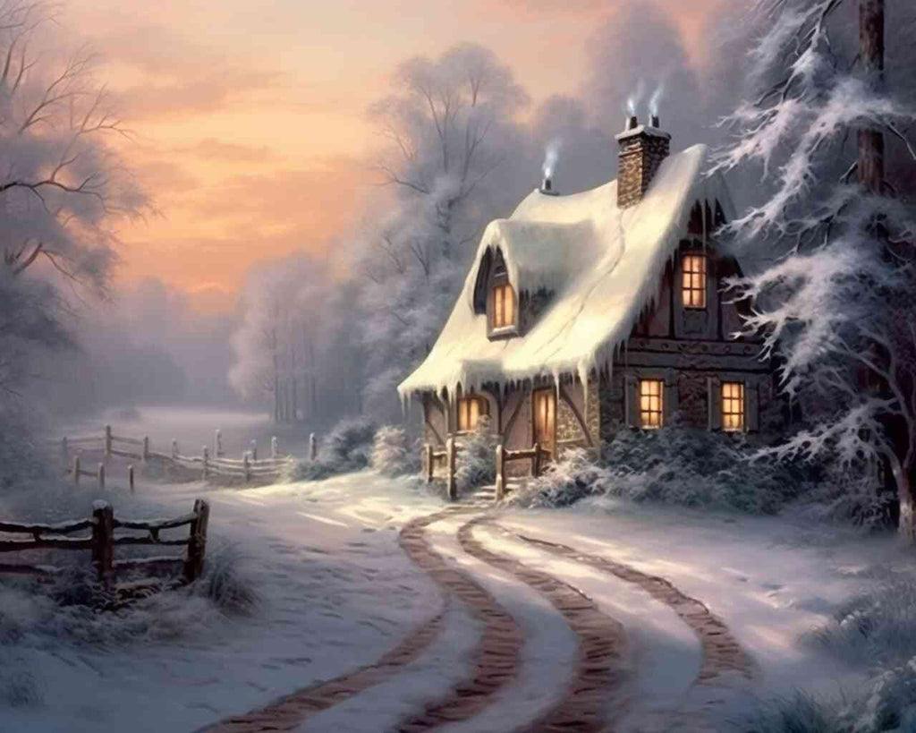 Paint by Numbers - Winter Secret: Cozy, snow-covered country house with warm lights and a white blanket of snow in the cool dusk.