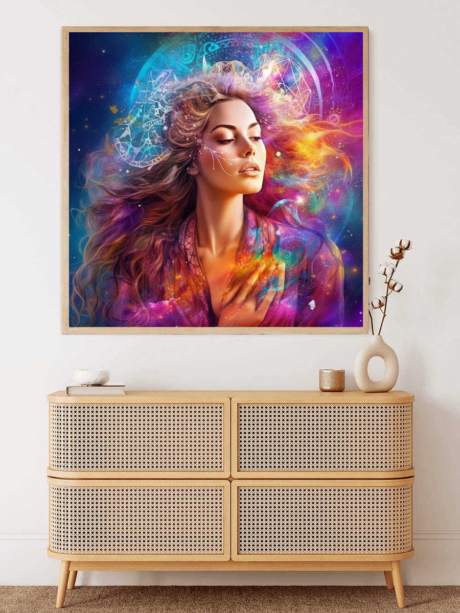Paint by Numbers - Star Whisperer portrait of a woman with closed eyes, surrounded by colorful stars and geometric shapes on a mystical background.
