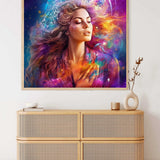 Paint by Numbers - Star Whisperer portrait of a woman with closed eyes, surrounded by colorful stars and geometric shapes on a mystical background.