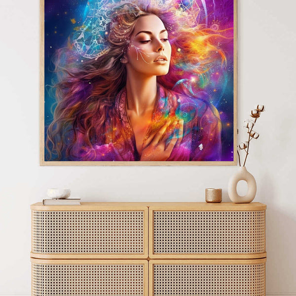 Paint by Numbers - Star Whisperer portrait of a woman with closed eyes, surrounded by colorful stars and geometric shapes on a mystical background.