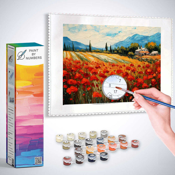 Paint by Numbers kit depicting a vibrant field of poppies under a dramatic sky with a villa and rolling hills in the background.