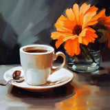 Paint by Numbers - Morning Silence featuring a steaming coffee cup and vibrant orange flower on a reflective table surface