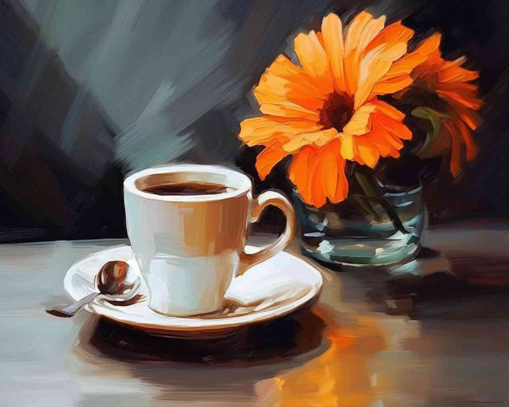 Paint by Numbers - Morning Silence featuring a steaming coffee cup and vibrant orange flower on a reflective table surface