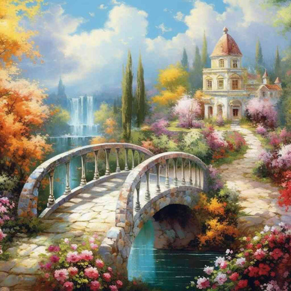 Paint by Numbers - Dreamy garden idyll with bright flowers, elegant villa, stone path, lively waterfall, and graceful trees in soft light.