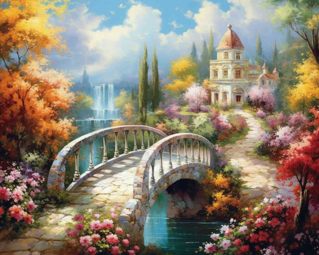 Paint by Numbers - Dreamy garden idyll with bright flowers, elegant villa, stone path, lively waterfall, and graceful trees in soft light.
