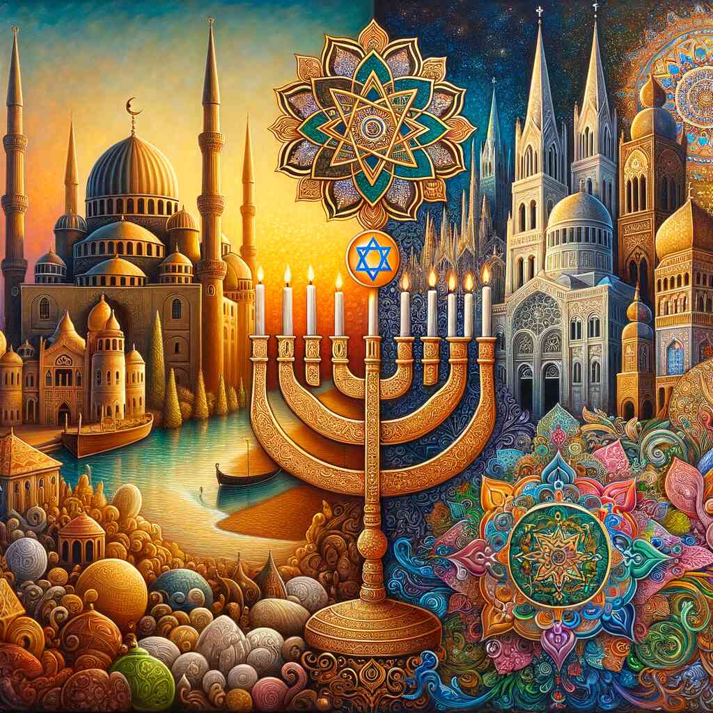 Paint by Numbers - Union of Cultures with Menorah, Star of David, twilight colors, and harmonious architecture.