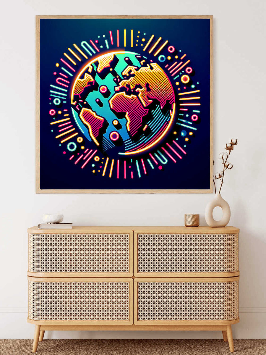 Paint by Numbers - Vibrant abstract world map art titled "Luminous Symphony of Globality" with neon colors on a wall above a cabinet.