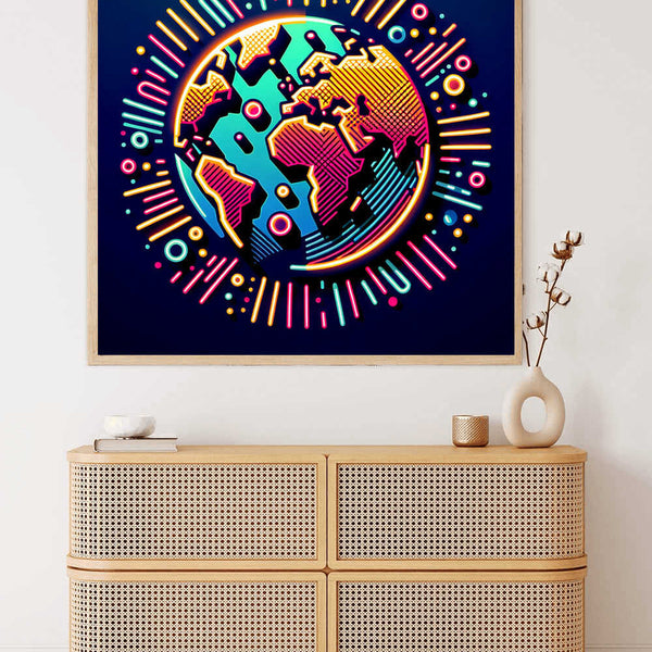 Paint by Numbers - Vibrant abstract world map art titled "Luminous Symphony of Globality" with neon colors on a wall above a cabinet.