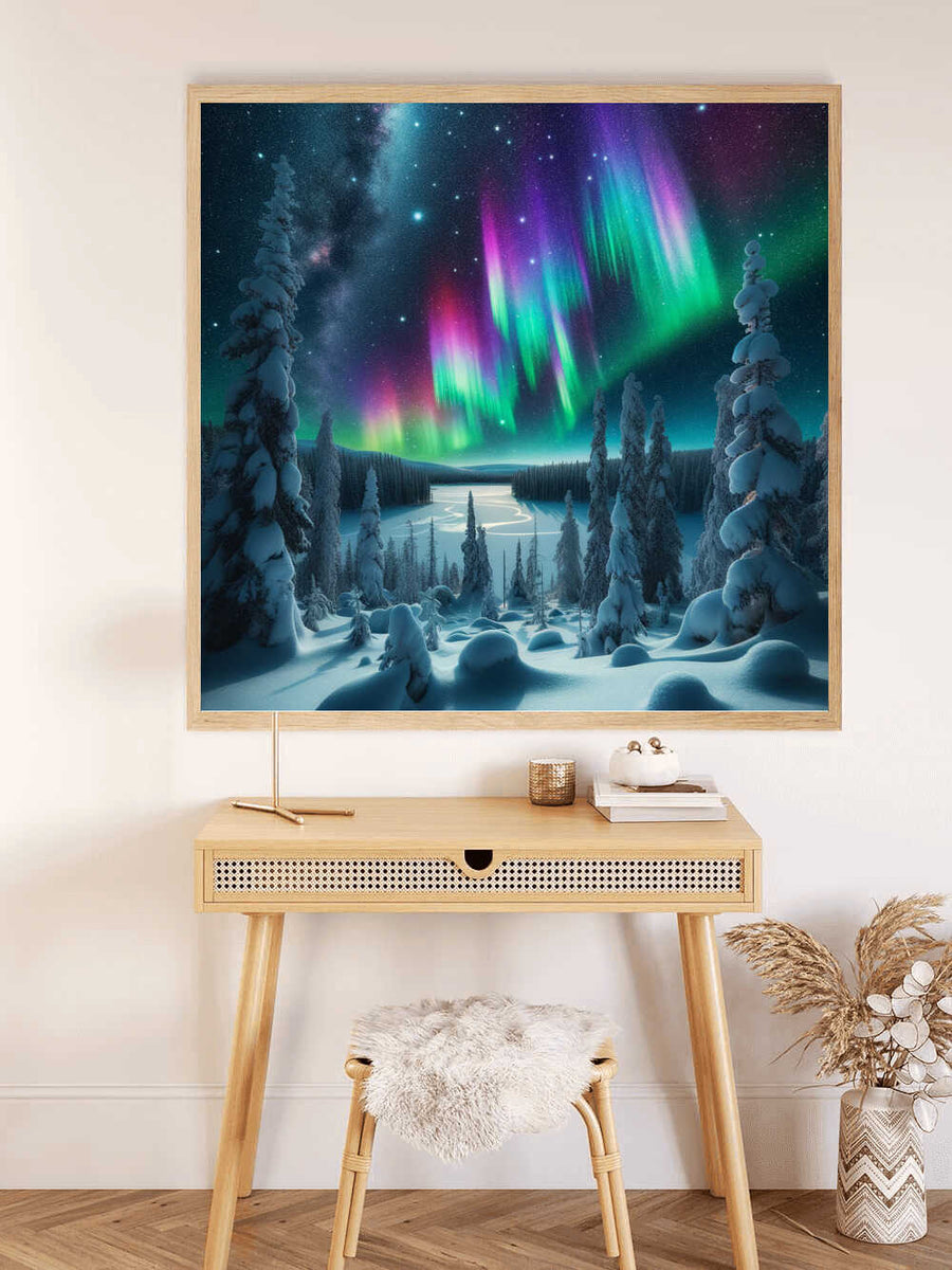 Paint by Numbers - Northern Lights of the Mystery Forest artwork showing green and purple aurora borealis over a snowy winter forest at night
