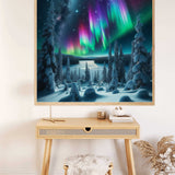 Paint by Numbers - Northern Lights of the Mystery Forest artwork showing green and purple aurora borealis over a snowy winter forest at night