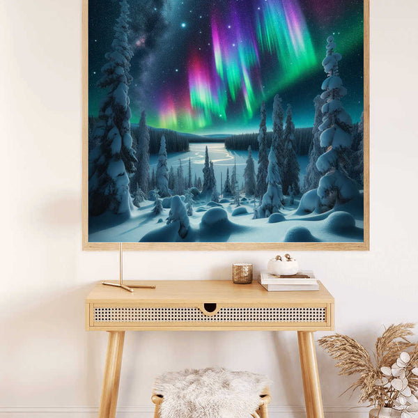Paint by Numbers - Northern Lights of the Mystery Forest artwork showing green and purple aurora borealis over a snowy winter forest at night