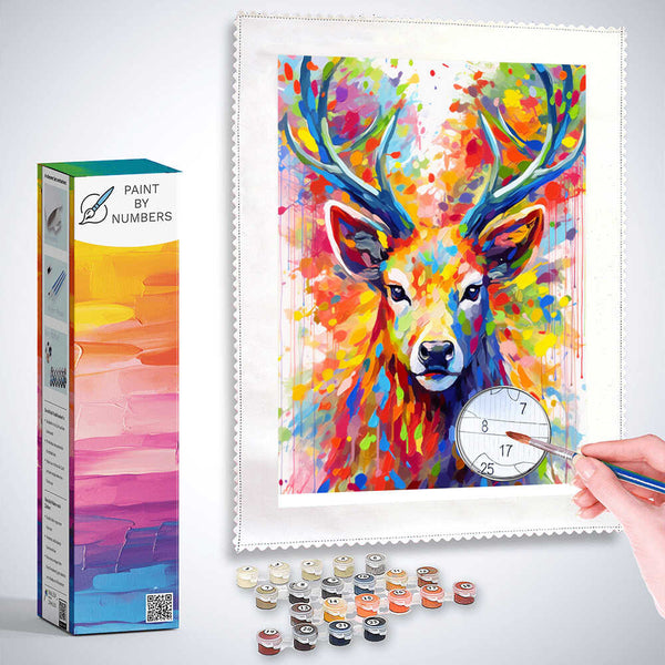 Paint by Numbers kit featuring a vibrant, colorful deer in a prismatic forest, perfect for creating expressive and modern artwork.