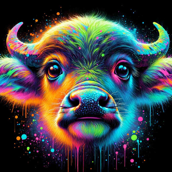 Paint by Numbers kit featuring "Cosmic Color Play," a vibrant, neon-colored pop art depiction of a mystical creature with large glowing eyes.