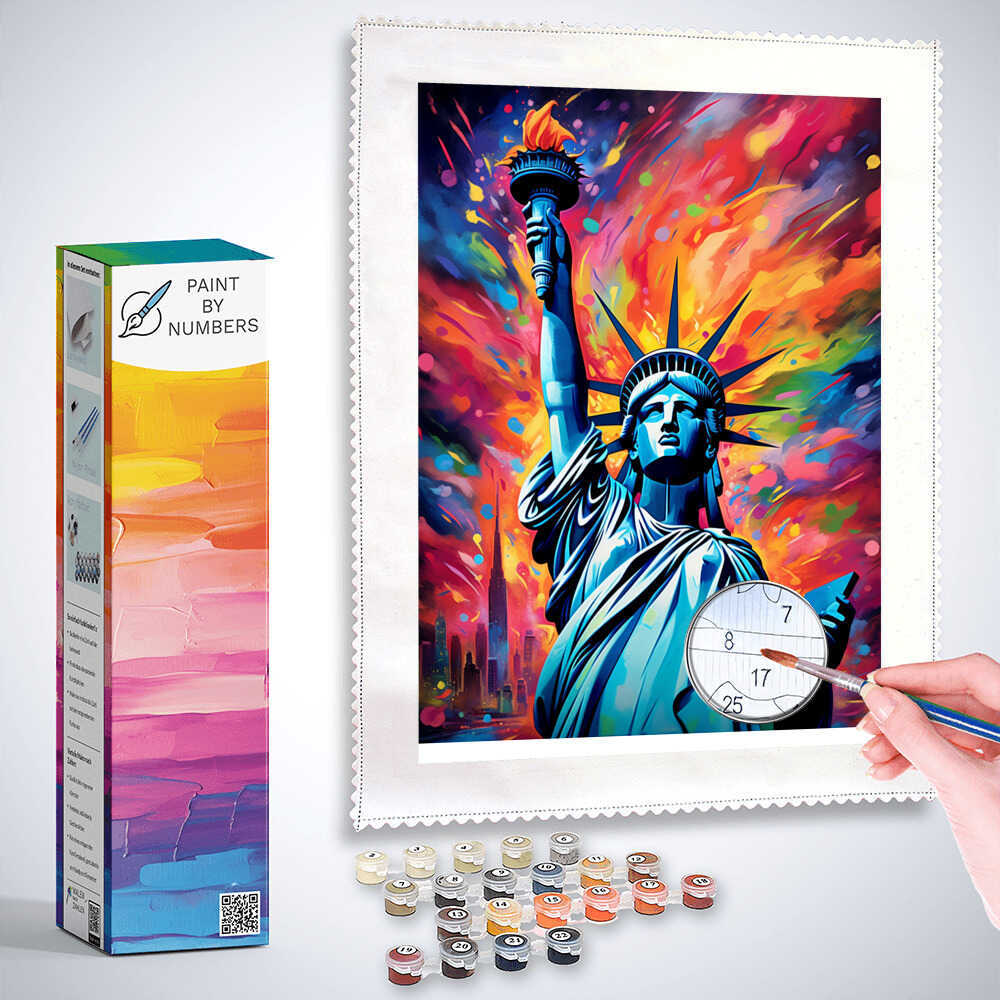 Paint by Numbers kit featuring the Statue of Liberty with vibrant colors in the backdrop, representing freedom and expressive art