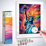 Paint by Numbers kit featuring the Statue of Liberty with vibrant colors in the backdrop, representing freedom and expressive art