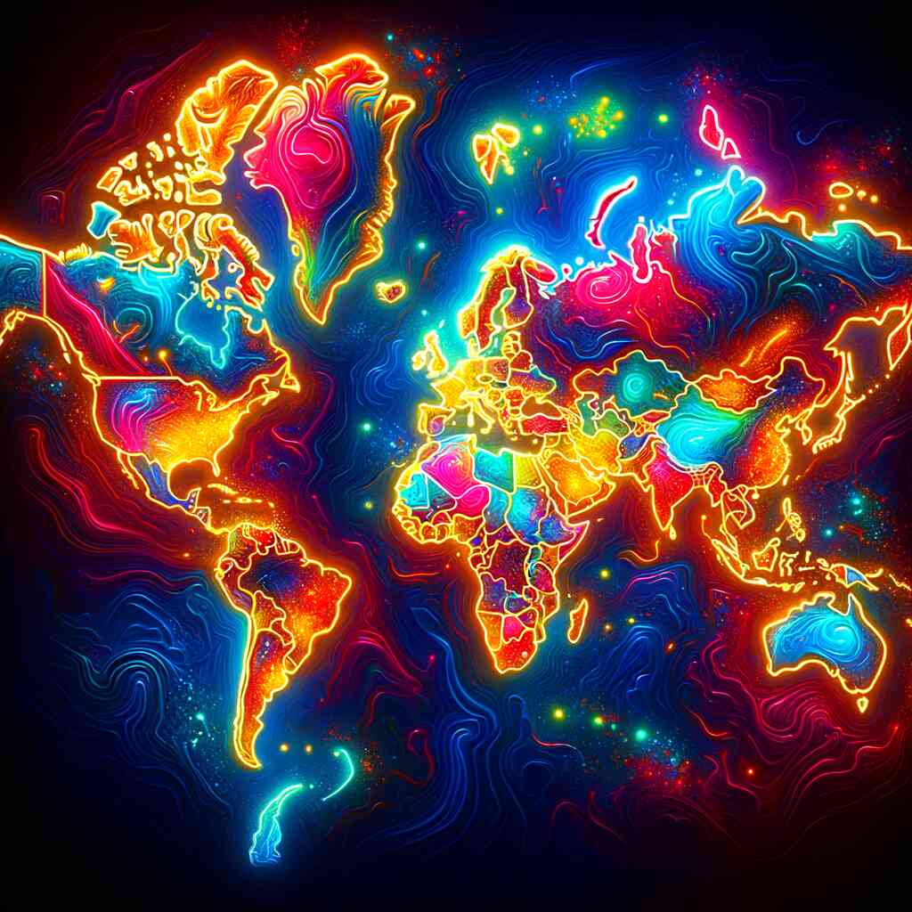 Paint by Numbers "Glowing World Map" vibrant neon continents, abstract modern world depiction with fluid shapes, expressionist influences.