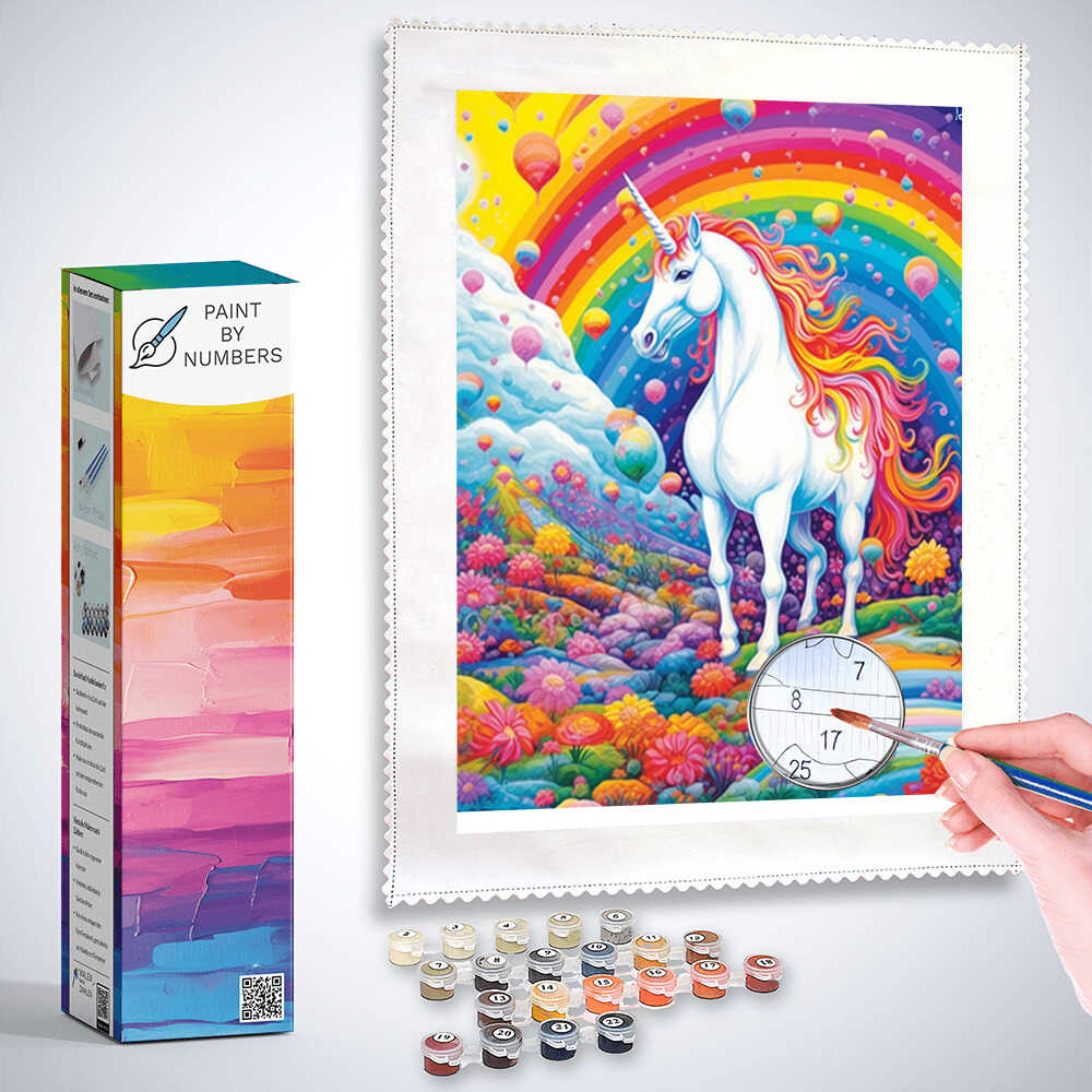 Paint by Numbers kit featuring a colorful, magical unicorn with a rainbow mane, surrounded by flowers and floating islands in a fantasy landscape
