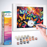 Paint by Numbers Butterfly Symphony kit featuring a colorful butterfly scene with paint pots and hand painting canvas