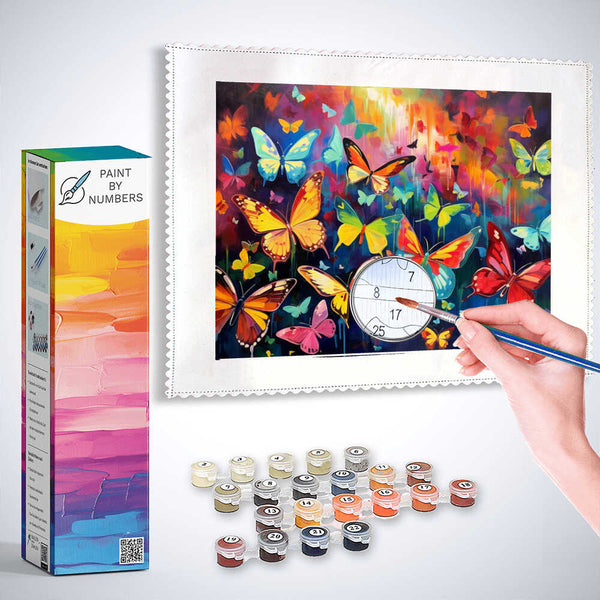 Paint by Numbers Butterfly Symphony kit featuring a colorful butterfly scene with paint pots and hand painting canvas