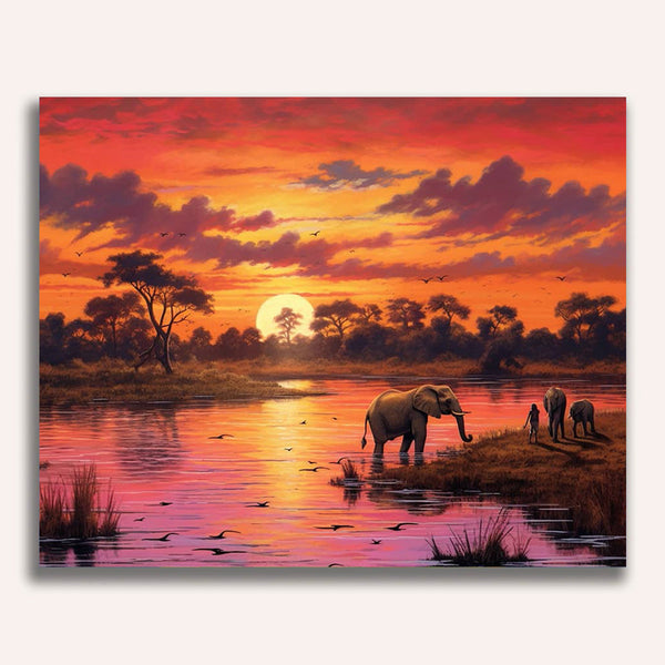Africa, sunset with river - Paint by Numbers