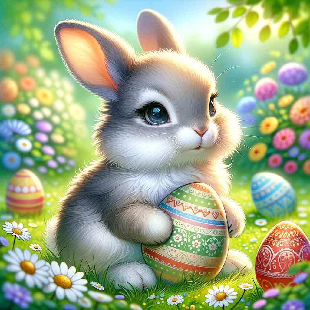 Paint by Numbers - Spring Awakening: An enchanting bunny guarding colorful Easter eggs in a blossoming garden, evoking youthful wonder.