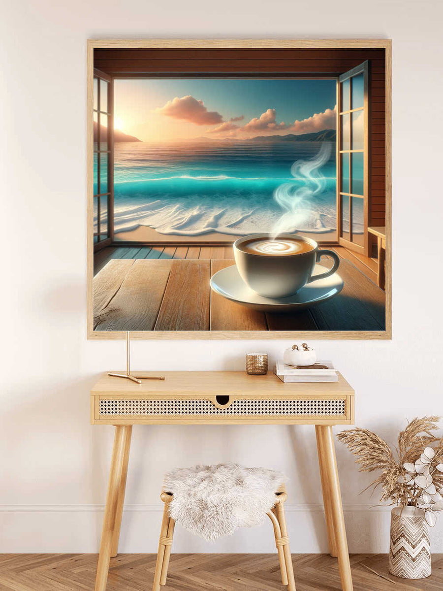 Paint by Numbers - Enjoying coffee by the sea with a sunrise, turquoise sea, and rustic wooden table in photorealistic artwork.