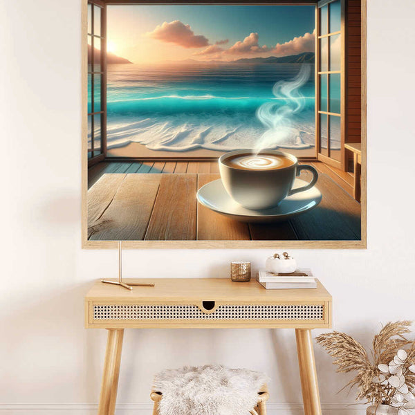 Paint by Numbers - Enjoying coffee by the sea with a sunrise, turquoise sea, and rustic wooden table in photorealistic artwork.