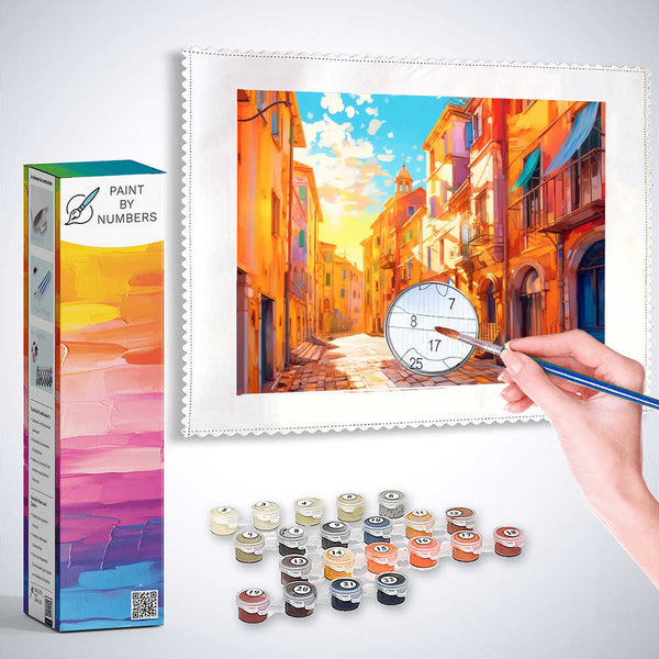 Paint by Numbers kit featuring a vibrant Mediterranean alley with warm orange tones and golden sunlight in an impressionist style.