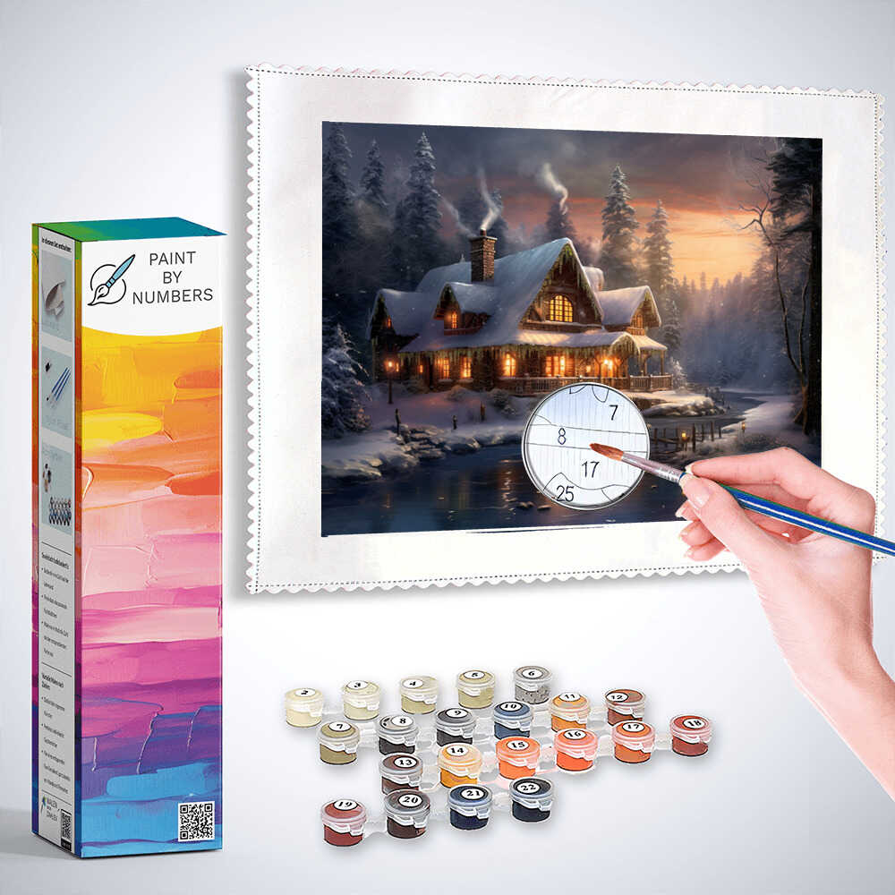 Paint by Numbers kit for "Dusk in Winter Magic" featuring a snowy log cabin, warm light, and a frozen river with two figures, paintbrush in hand.