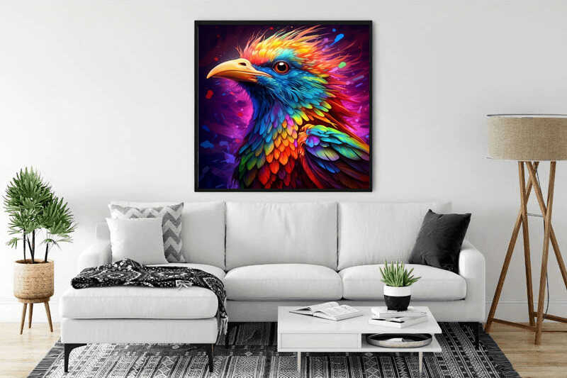 Paint by Numbers - Phoenix of Colour artwork hanging above a modern white sofa in a contemporary living room