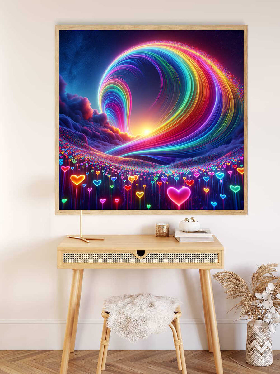 Paint by Numbers - vibrant neon waves and heart symbols in modern digital artwork "Colour Rush of the Heart" on wall above a wooden desk.