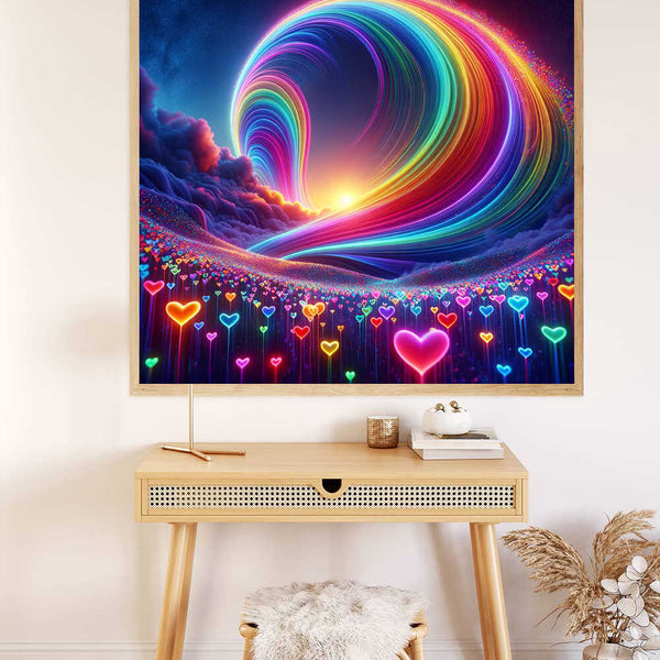 Paint by Numbers - vibrant neon waves and heart symbols in modern digital artwork "Colour Rush of the Heart" on wall above a wooden desk.