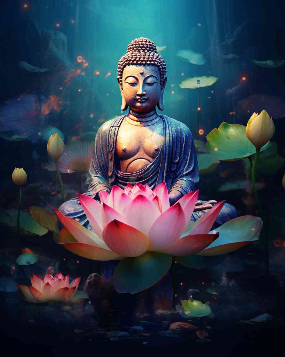 Paint by Numbers - Peaceful Buddha statue on pink lotus flower in "Enlightenment in the Lotus Garden" painting with soft blue tones and glowing particles.