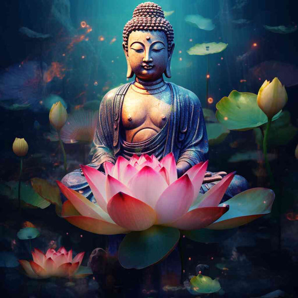 Paint by Numbers - Peaceful Buddha statue on pink lotus flower in "Enlightenment in the Lotus Garden" painting with soft blue tones and glowing particles.