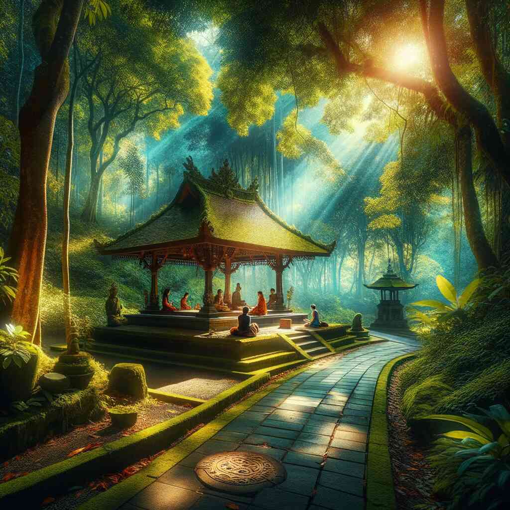 Paint by Numbers - peaceful pagoda in the Mysterious Forest Sanctum with sunlight streaming through trees, surrounded by mystical statues.