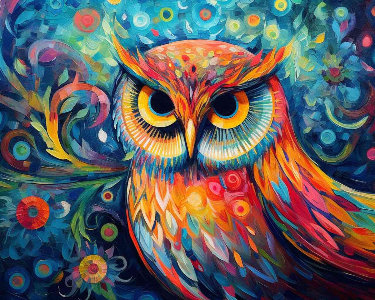 Paint by Numbers - Colorful Wisdom with vibrant owl surrounded by dynamic oranges and cool blues, expressionist artwork radiating warmth.