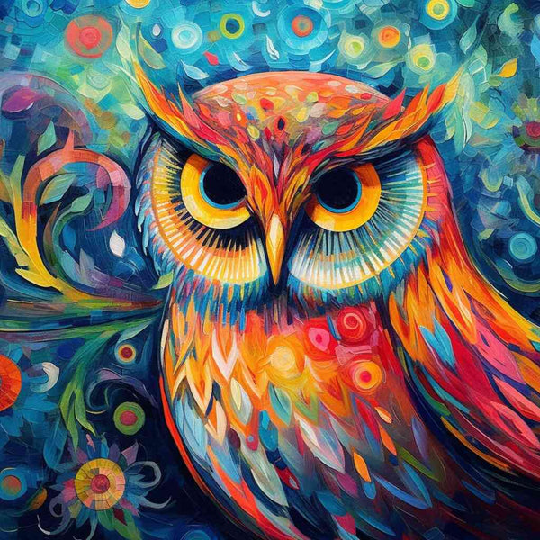 Paint by Numbers - Colorful Wisdom with vibrant owl surrounded by dynamic oranges and cool blues, expressionist artwork radiating warmth.