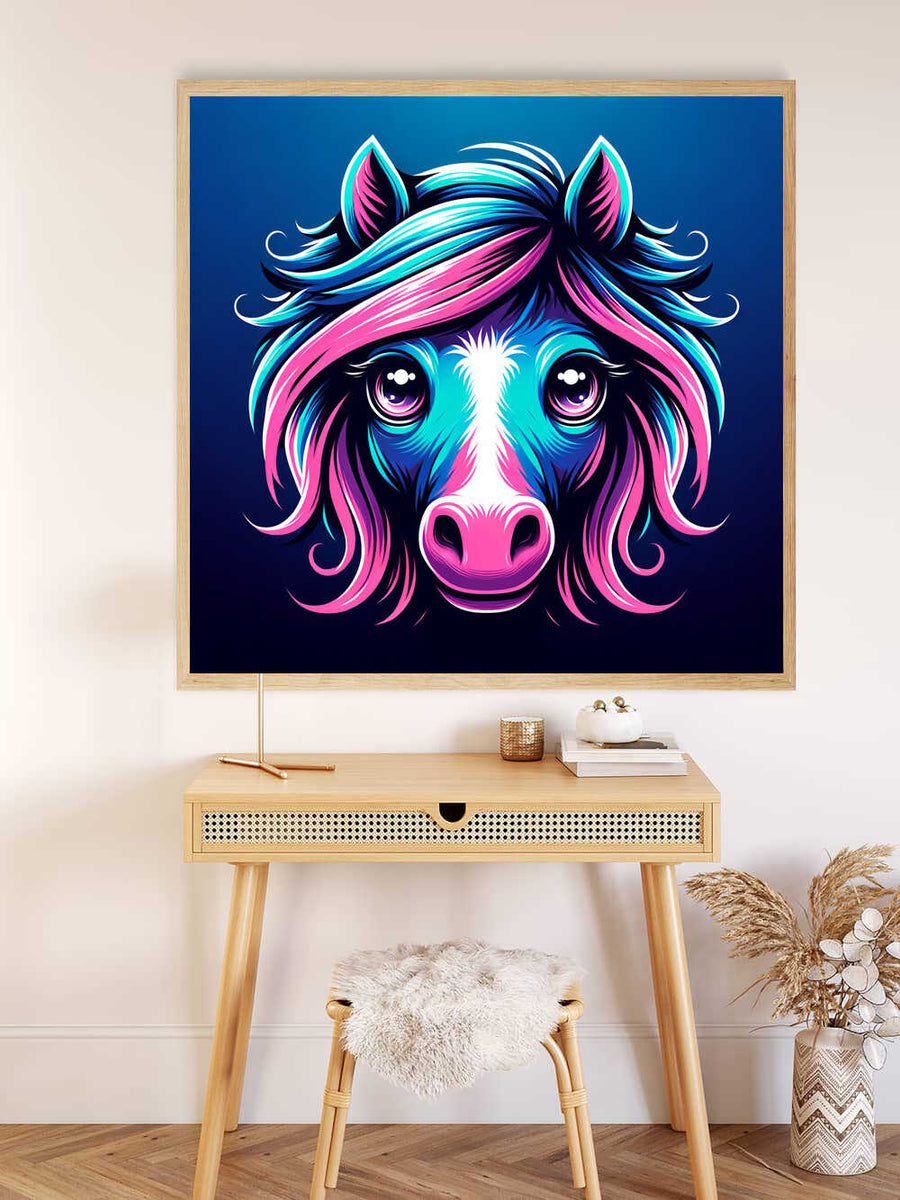 Paint by Numbers - Colorful Spirit artwork depicting a vibrant horse in bright blues and pinks hung above a modern wooden desk.