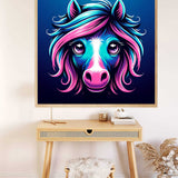 Paint by Numbers - Colorful Spirit artwork depicting a vibrant horse in bright blues and pinks hung above a modern wooden desk.