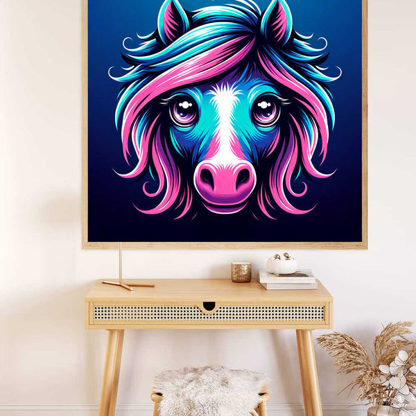 Paint by Numbers - Colorful Spirit artwork depicting a vibrant horse in bright blues and pinks hung above a modern wooden desk.