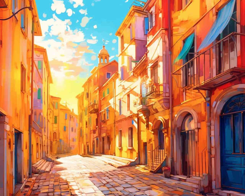 Paint by Numbers - Mediterranean Sun Flood featuring a vibrant cobbled alley bathed in bright orange tones and soft sunlight with an impressionist style.
