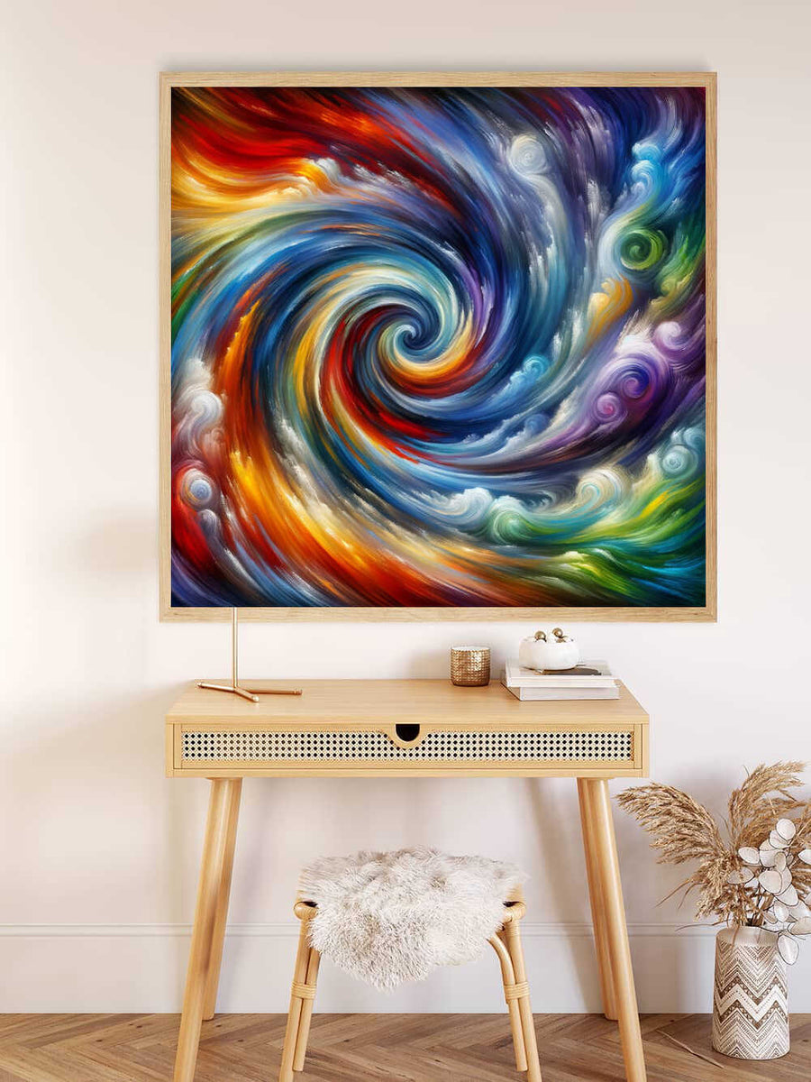 Paint by Numbers - Swirling Emotional Worlds; vibrant abstract art with reds, blues, and yellows; dynamic colors on canvas above a desk.