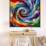 Paint by Numbers - Swirling Emotional Worlds; vibrant abstract art with reds, blues, and yellows; dynamic colors on canvas above a desk.