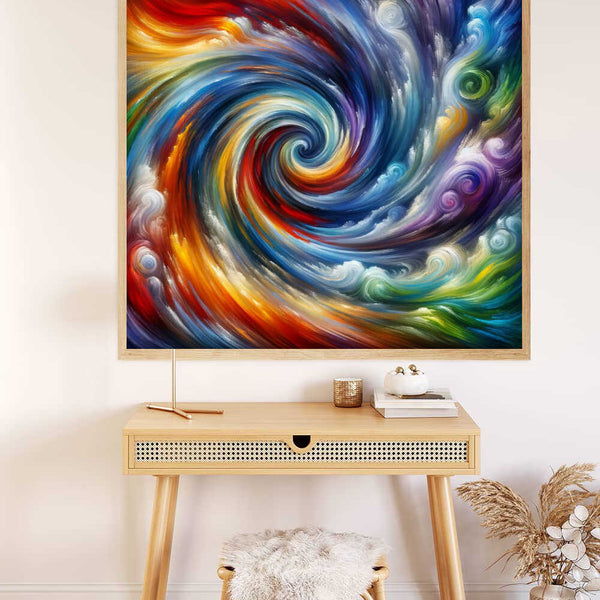 Paint by Numbers - Swirling Emotional Worlds; vibrant abstract art with reds, blues, and yellows; dynamic colors on canvas above a desk.