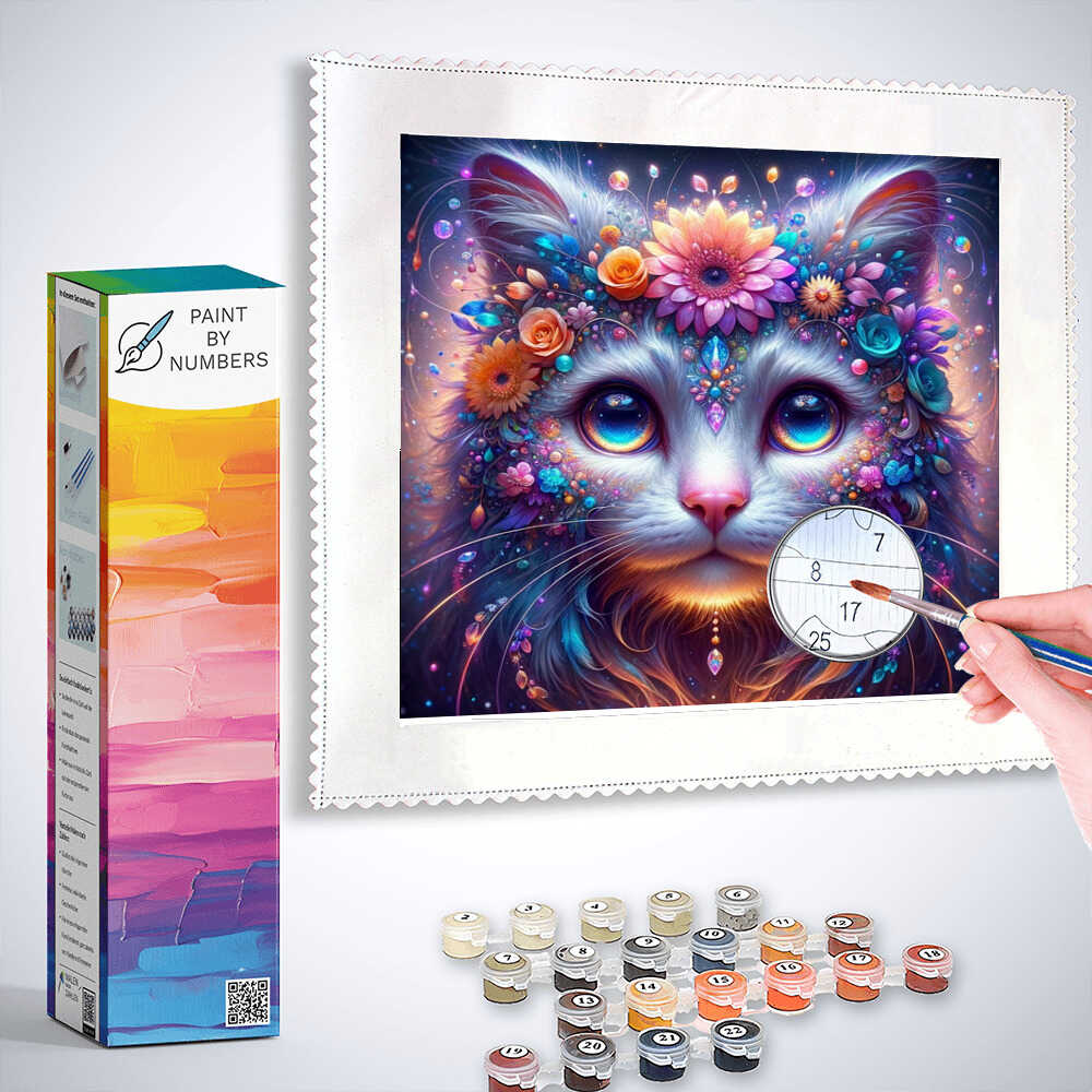 Paint by Numbers kit with "Floral Dreams of a Star Being" artwork, featuring a cat-like creature with a flower crown and vibrant colors.