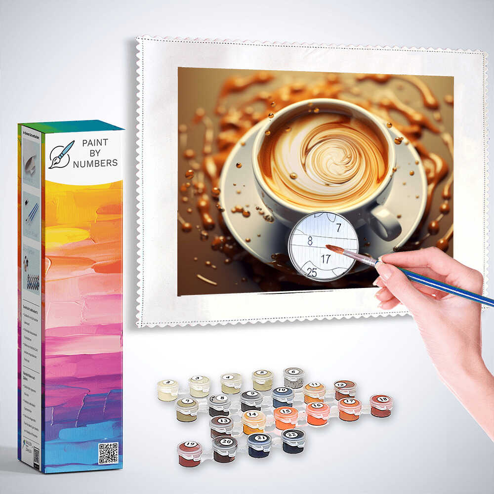Paint by Numbers kit for "Coffee Vortex of Passion" painting with a hand painting a swirling coffee cup scene using brown and cream tones.